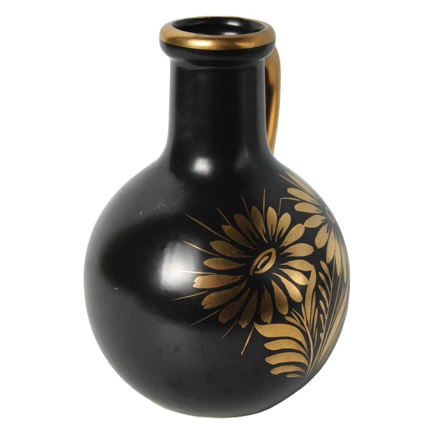 Decorative Black Ceramic Jug with Gold Floral Motifs