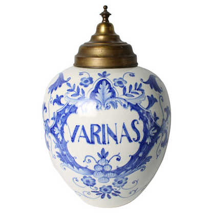 Large Delft Blue Tobacco Jar with Lid | Hand-painted VARINAS inscription |