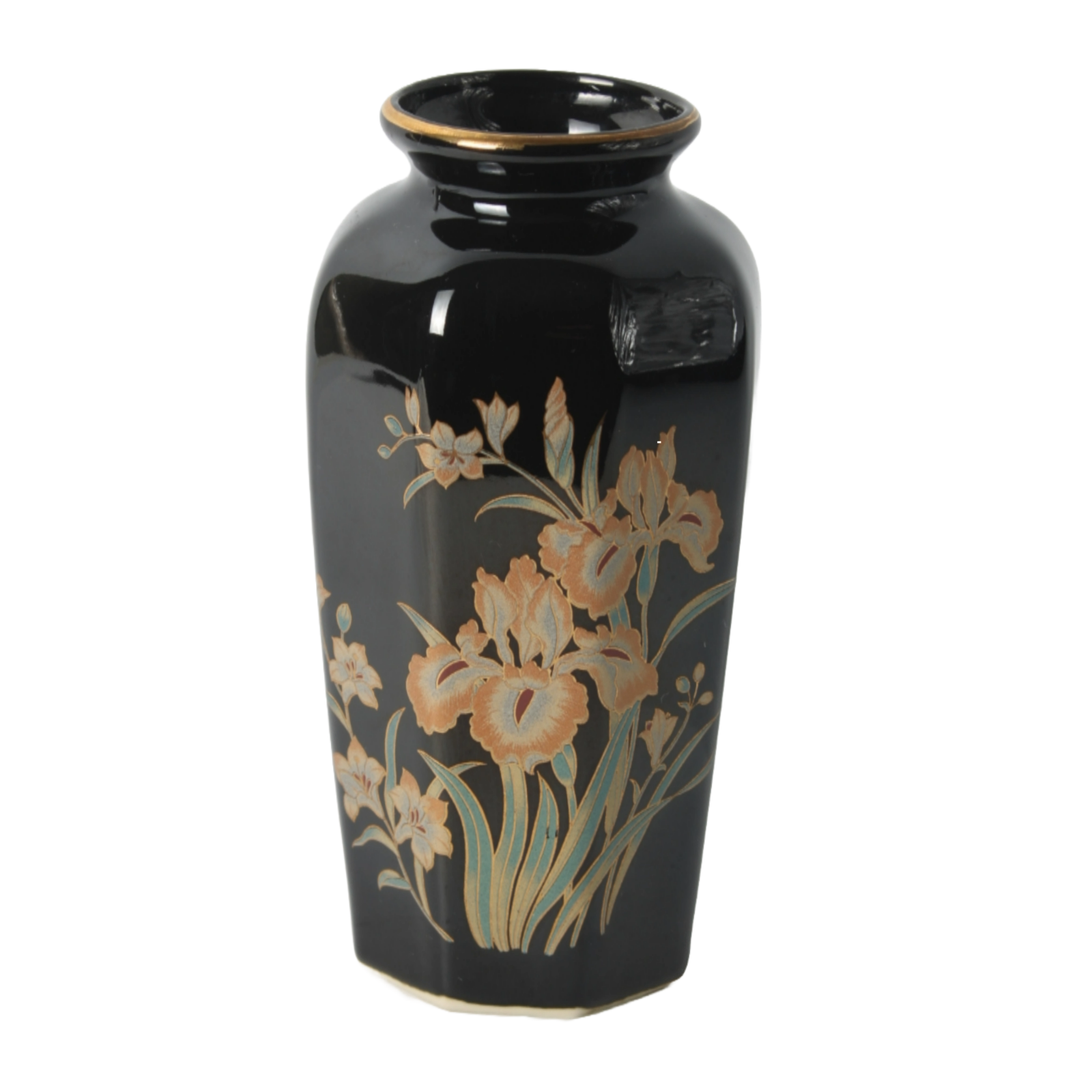Vintage Hand-Painted Japanese Ceramic Vase with Iris Motif, Black and Gold, 1950