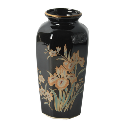 Vintage Hand-Painted Japanese Ceramic Vase with Iris Motif, Black and Gold, 1950