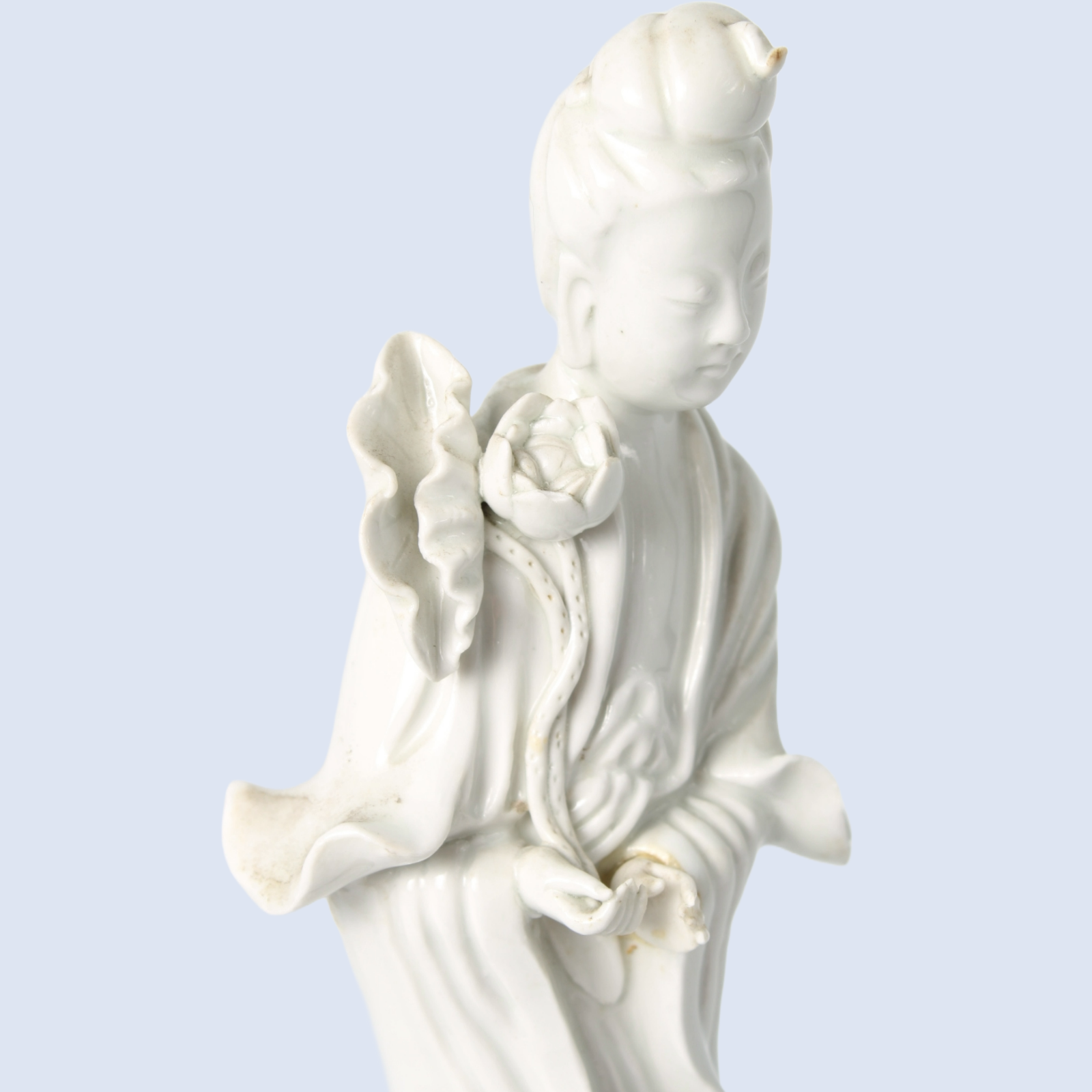 White Porcelain Guanyin Figure on Wooden Base, ca. 1920–1940, Blanc de Chine