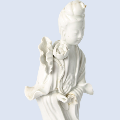 White Porcelain Guanyin Figure on Wooden Base, ca. 1920–1940, Blanc de Chine
