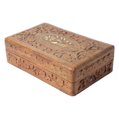 Hand-Carved Wooden Jewelry Box from India with Floral Relief and Inlaid Panel