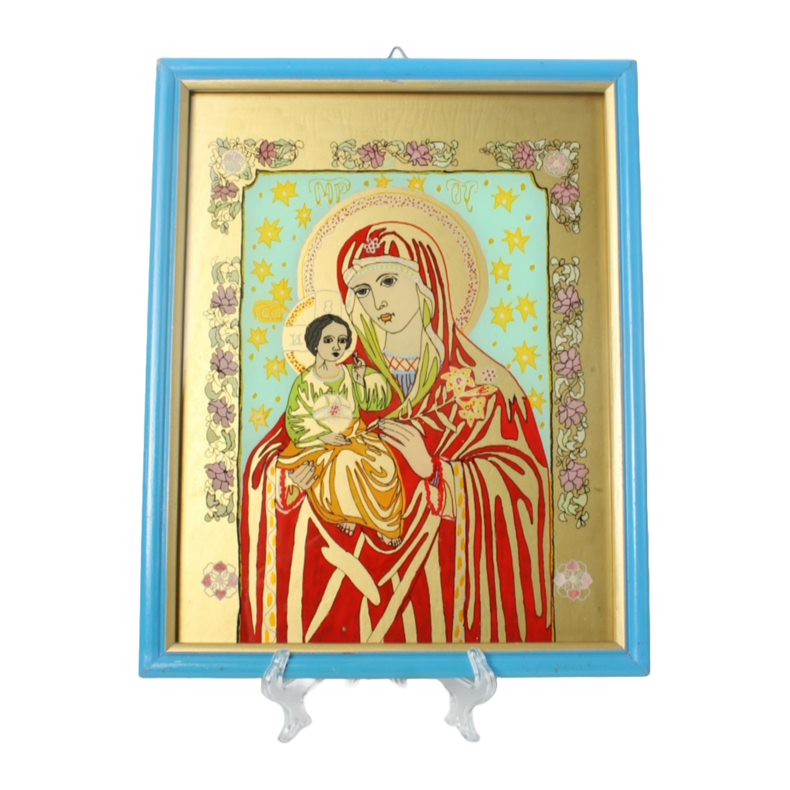 Hand-painted Orthodox Icon of Virgin Mary and Child, Vintage Religious Icon 24x3