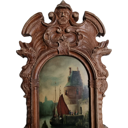 Antique Wooden Mirror Panel with Hidden Painting – Dutch Harbor Scene