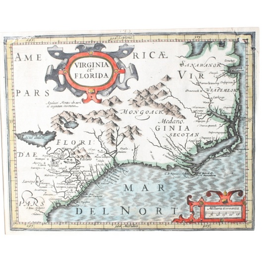 Original 400-Year-Old Hand-Colored Map of Florida and Virginia  Mercator Hondius