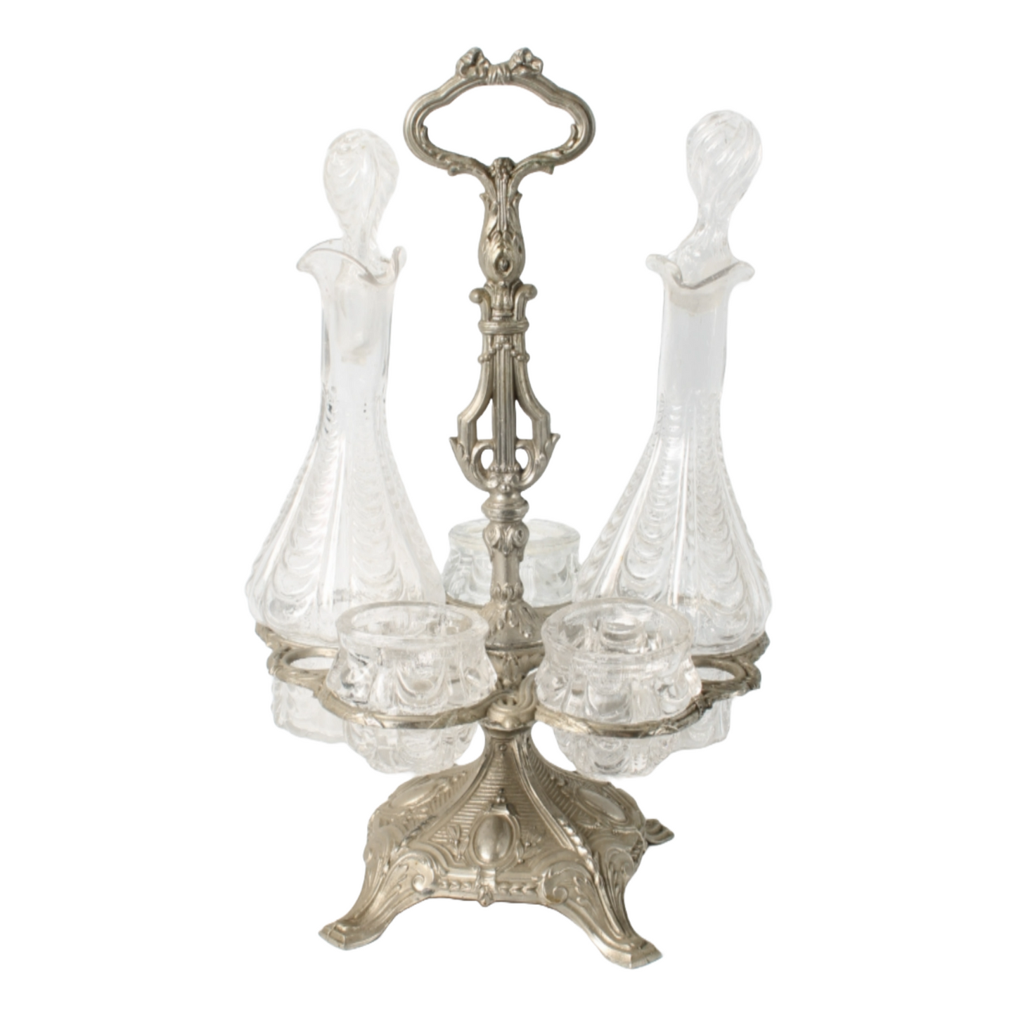 Antique French Silver-Plated Cruet Set with Crystal Bottles, Circa 1880-1900