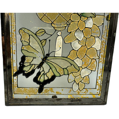Vintage Hand-Painted Glass Panel, Butterfly and Floral Motif, Unique 1960s Artwo