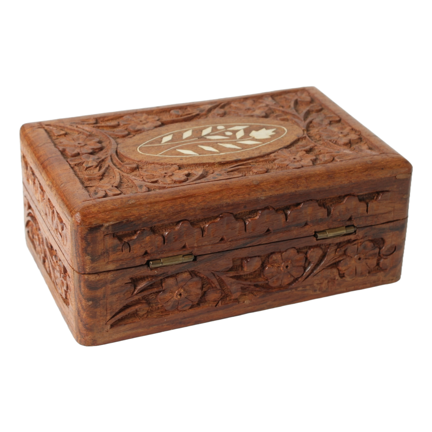 Vintage Hand Carved Floral Inlay Lined Wooden Jewelry Box India Storage Box