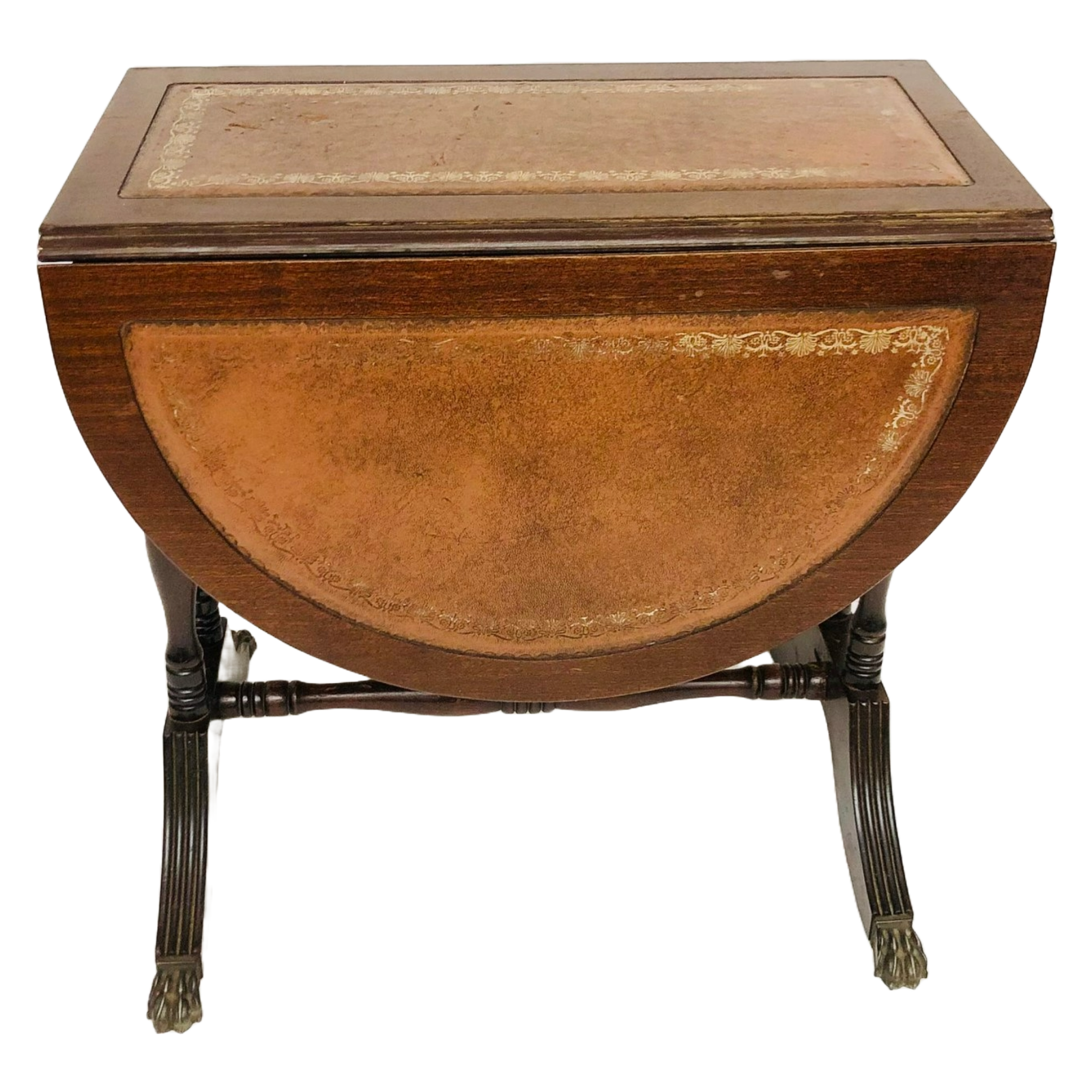 Vintage Mahogany Drop Leaf Table with Leather Top and Brass Claw Feet, 1950s
