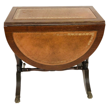 Vintage Mahogany Drop Leaf Table with Leather Top and Brass Claw Feet, 1950s