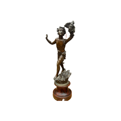 Antique French Bronze Sculpture "La Chasse", Early 1900s, Child with Hunting Bir