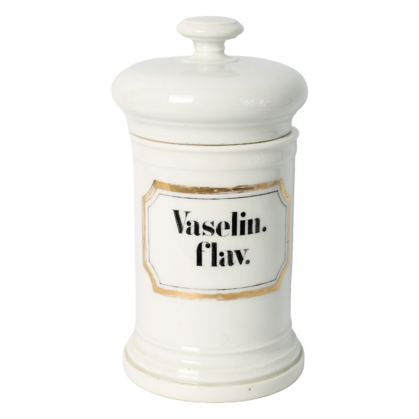 Vintage Apothecary Jar with "Vaselin. flav." Inscription and Gold Detailing