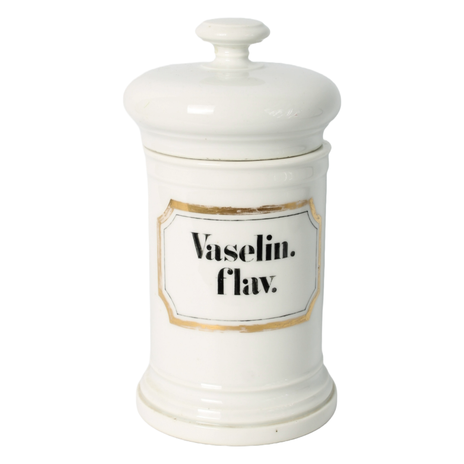 Vintage Apothecary Jar with "Vaselin. flav." Inscription and Gold Detailing