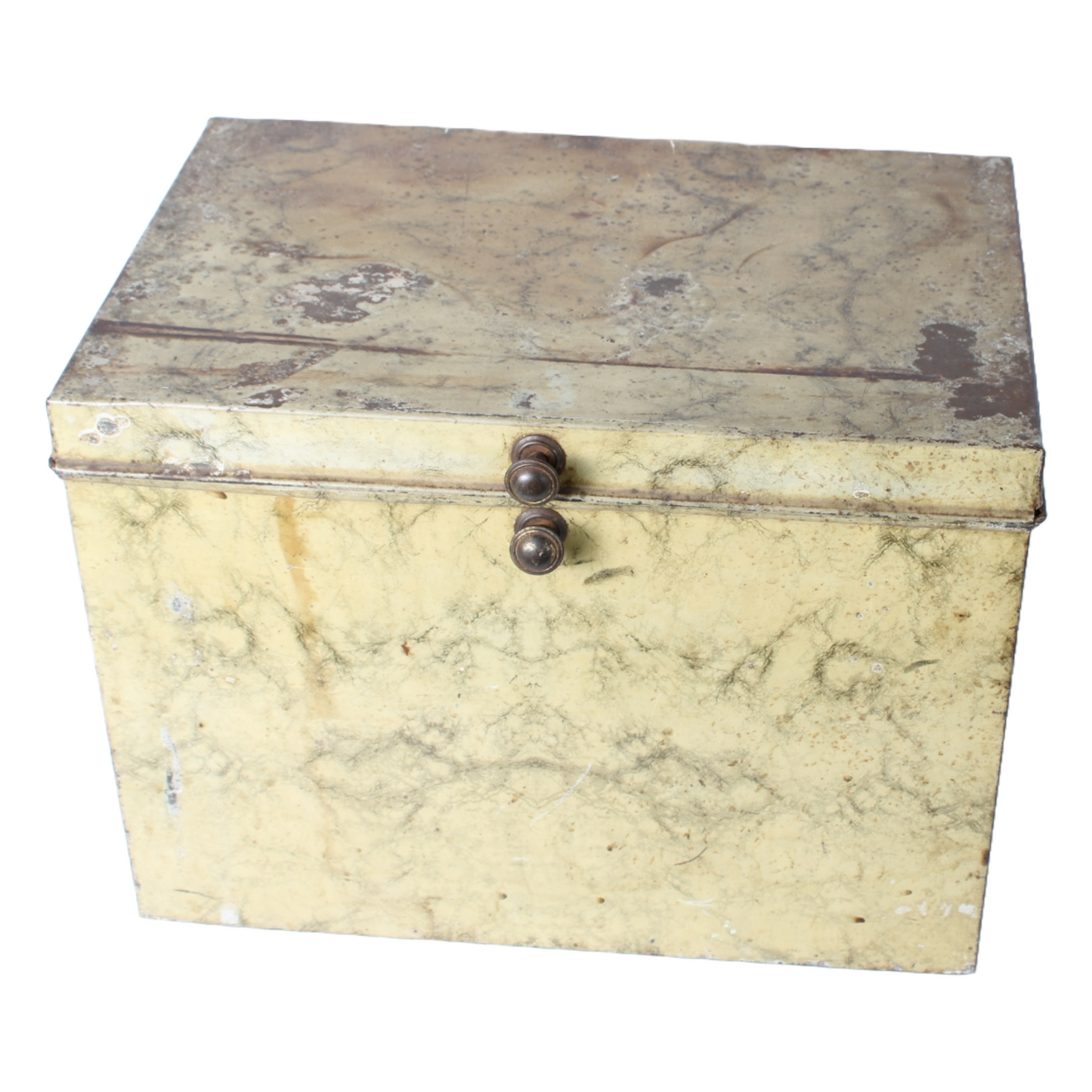 Antique Faux-Marble Metal Storage Chest with Knobs – Industrial Tin Box