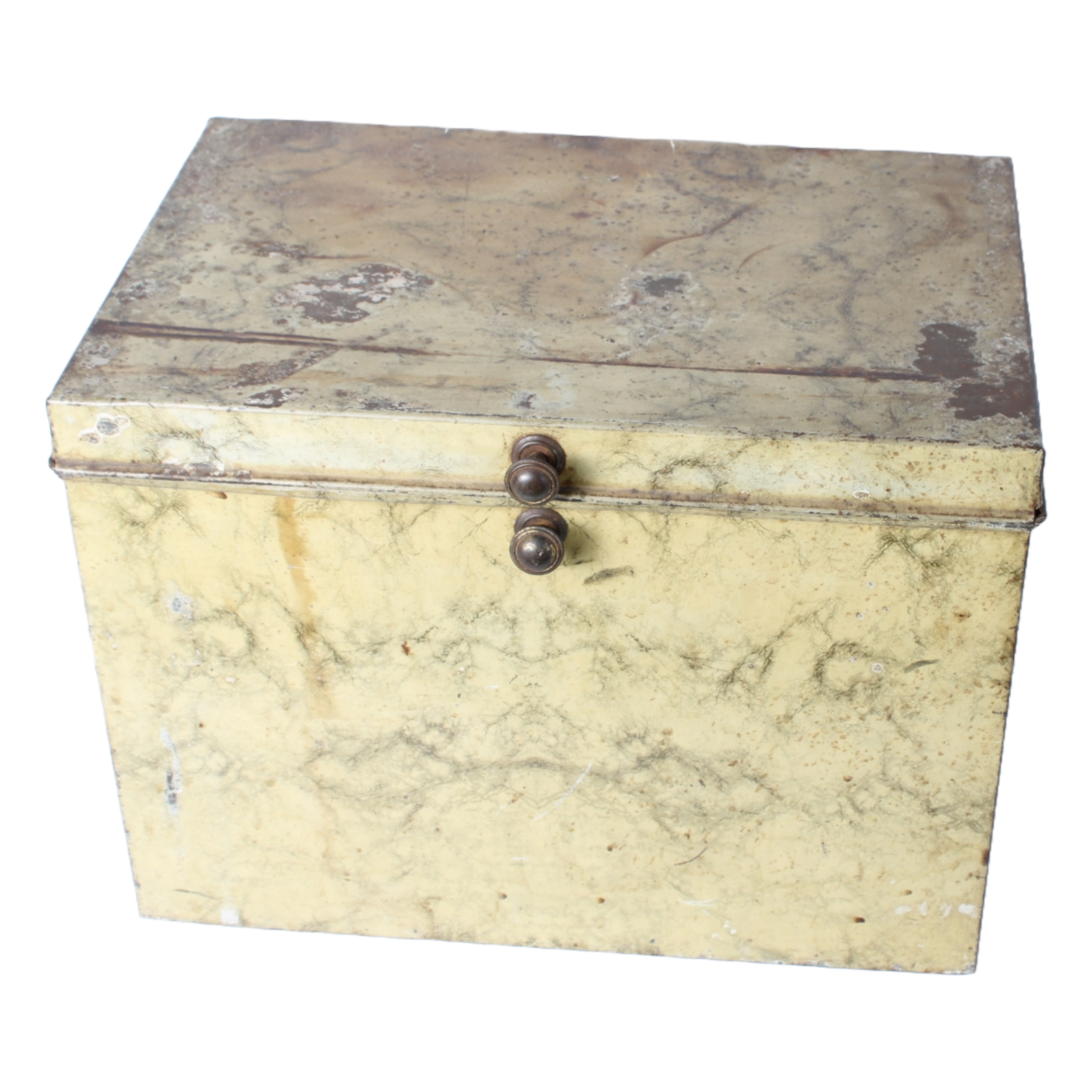 Antique Faux-Marble Metal Storage Chest with Knobs – Industrial Tin Box