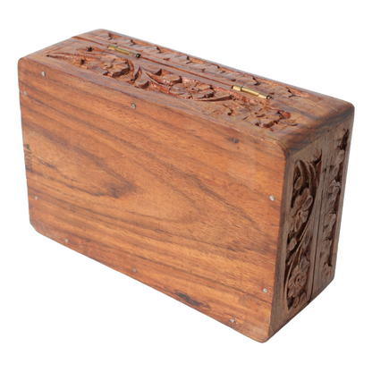 Vintage Hand Carved Floral Inlay Lined Wooden Jewelry Box India Storage Box