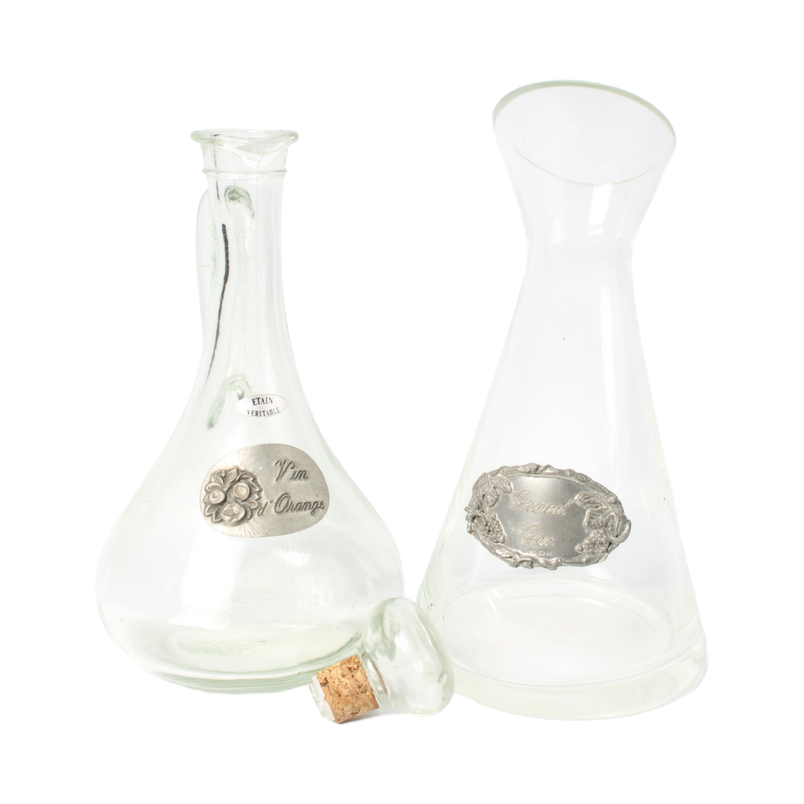 Set of Two Elegant French Carafes – Glass and Pewter – 30 cm and 28.5 cm