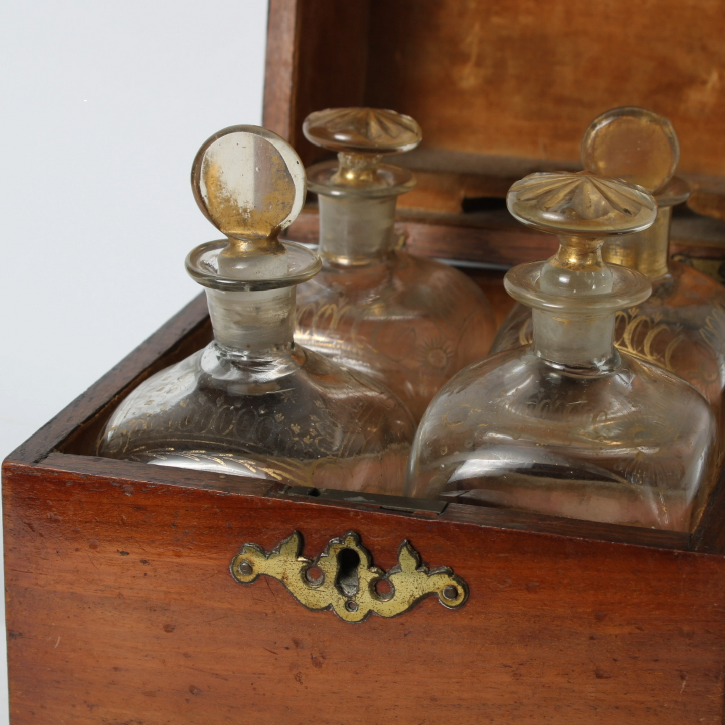 Antique Wooden Tantalus Liquor Box with Four Hand-Blown Decanters – ca. 1850