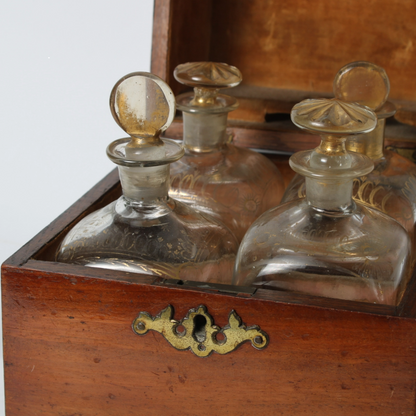 Antique Wooden Tantalus Liquor Box with Four Hand-Blown Decanters – ca. 1850