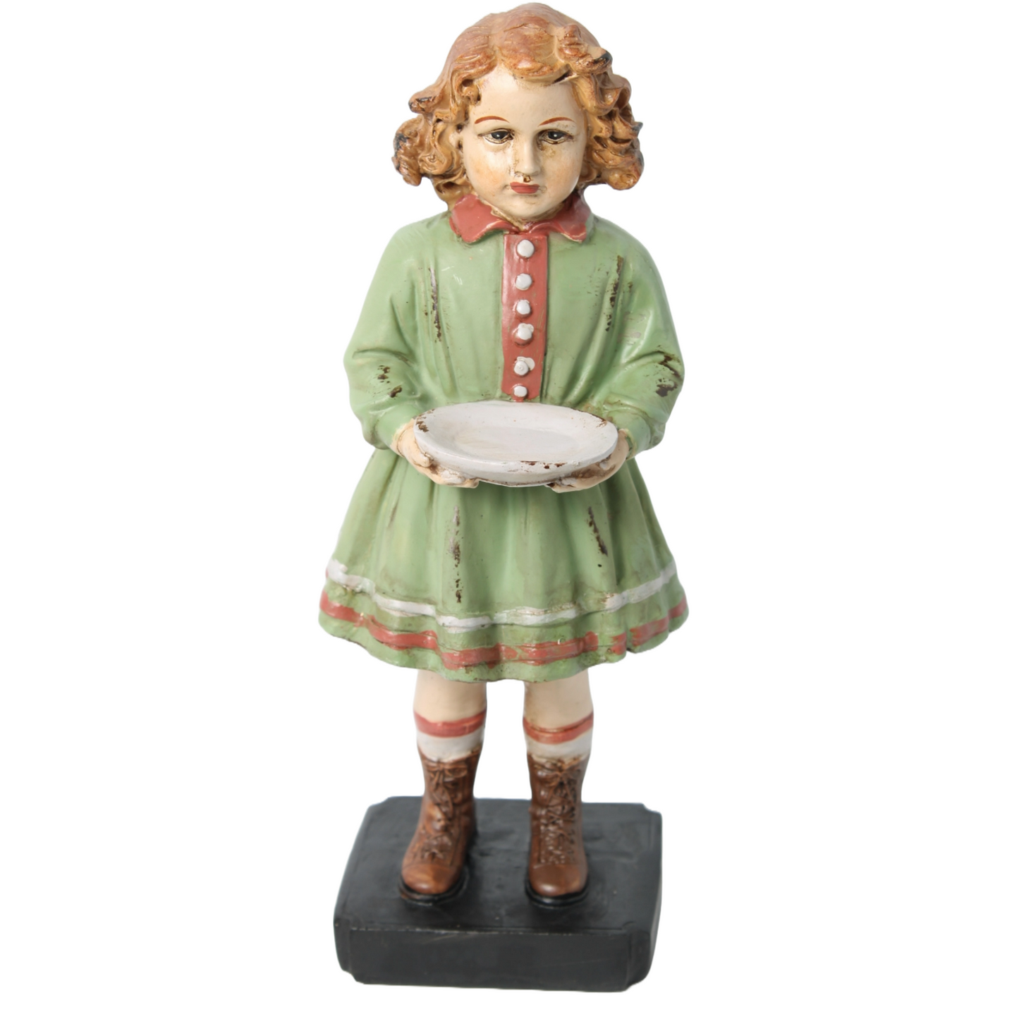 Nostalgic Hand-Painted Brocante Figurine of a Girl in a Green Dress with a Dish