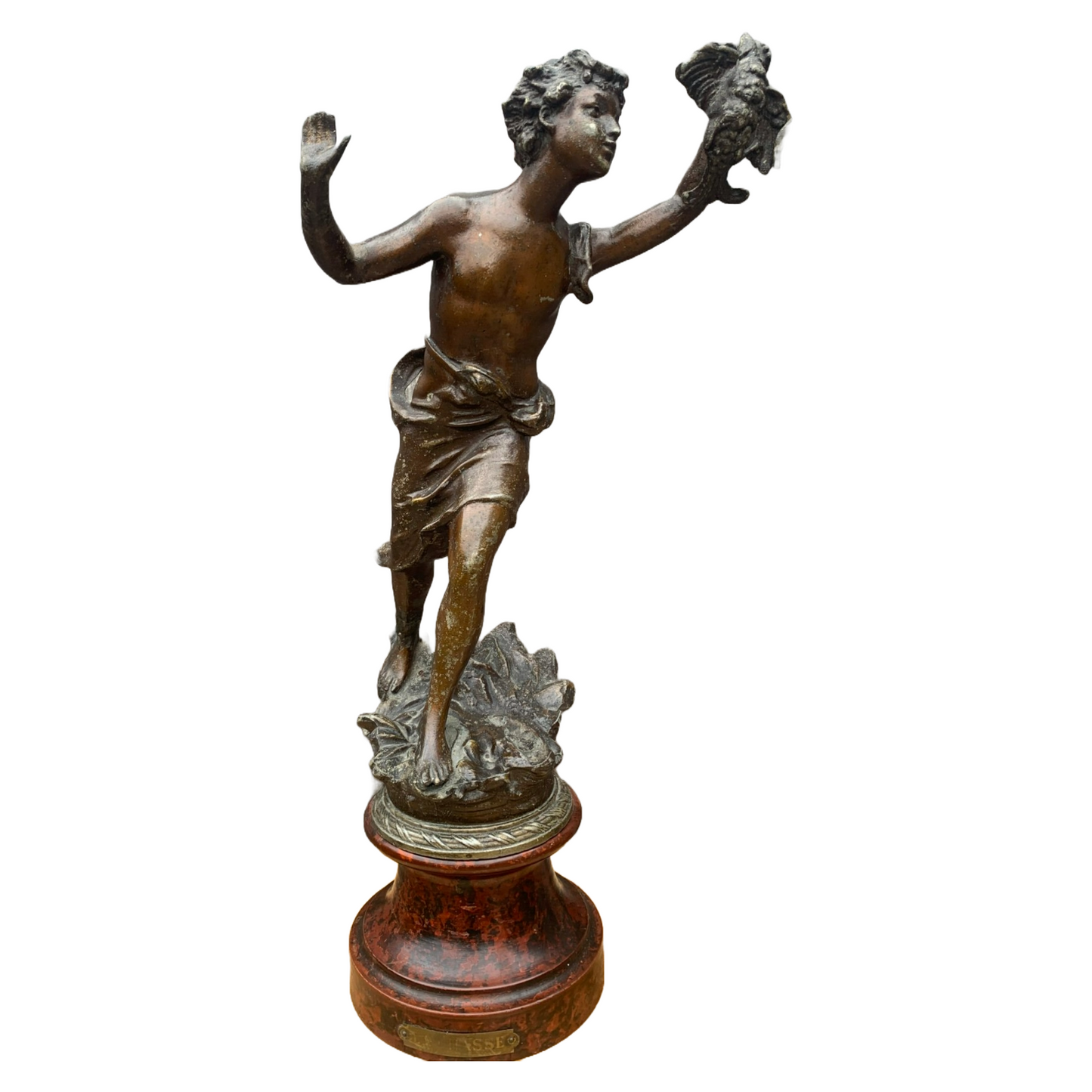 Antique French Bronze Sculpture "La Chasse", Early 1900s, Child with Hunting Bir