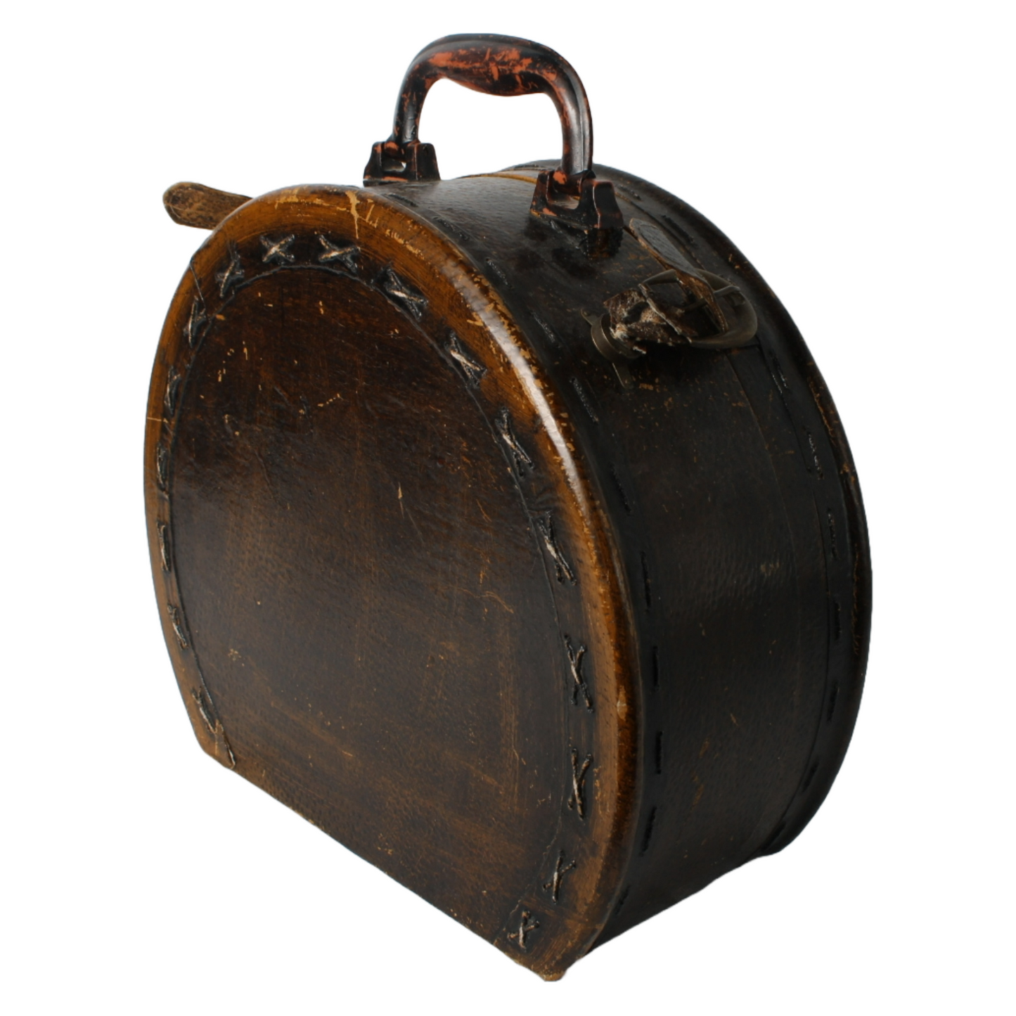 Antique round hat box with leather handle and straps – elegant ladies' travel