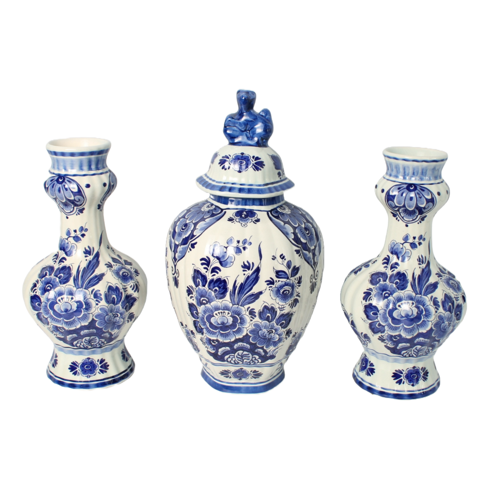 Hand-Painted Delft Blue Vase Set by Flora/Royal Goedewaagen, Mid-20th Century,