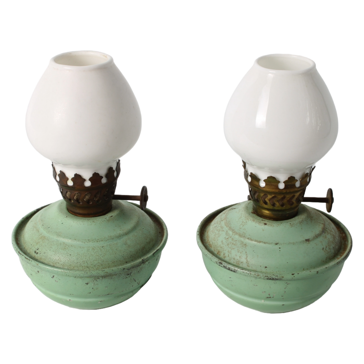 Vintage English Oil Lamp Set – Green Metal Kerosene Lamps with Brass Burner