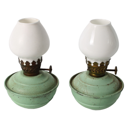 Vintage English Oil Lamp Set – Green Metal Kerosene Lamps with Brass Burner