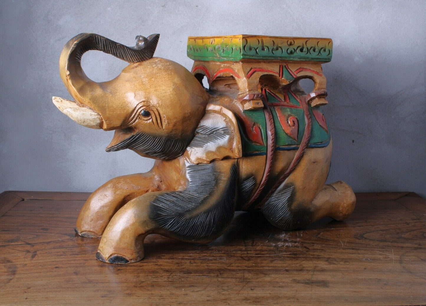 Unique Hand-Carved Elephant Plant Stand/Side Table - Symbol of Good Luck