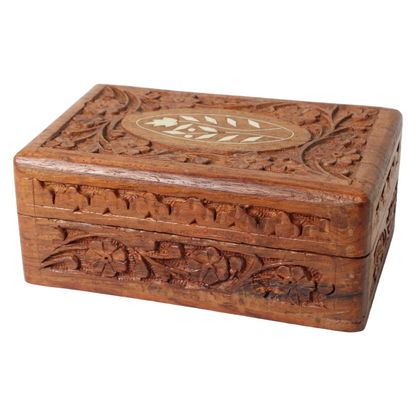 Vintage Hand Carved Floral Inlay Lined Wooden Jewelry Box India Storage Box