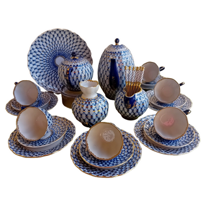 Luxury 23-Piece Vintage Lomonosov Cobalt Net Coffee Set with Gold Accents