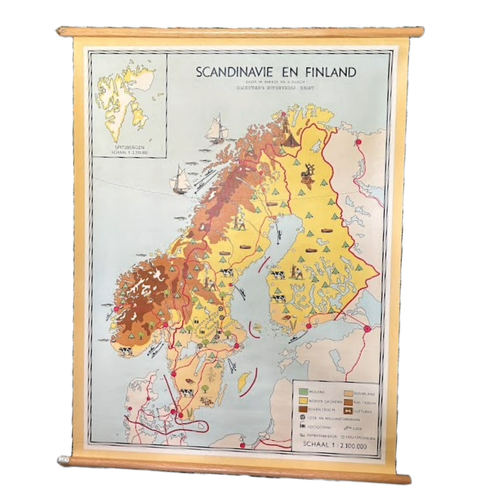 Vintage Scandinavian & Finland School Map on Canvas with Wooden Rods