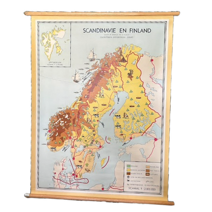 Vintage Scandinavian & Finland School Map on Canvas with Wooden Rods