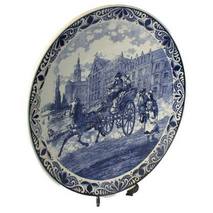 Large Hand-Painted Chemkefa Delft Blue Wall Plate - Horse & Carriage Scene, 38cm
