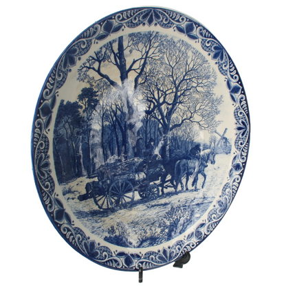 Vintage Delft Blue Ceramic Plate - Winter Landscape with Horse and Windmill 38cm