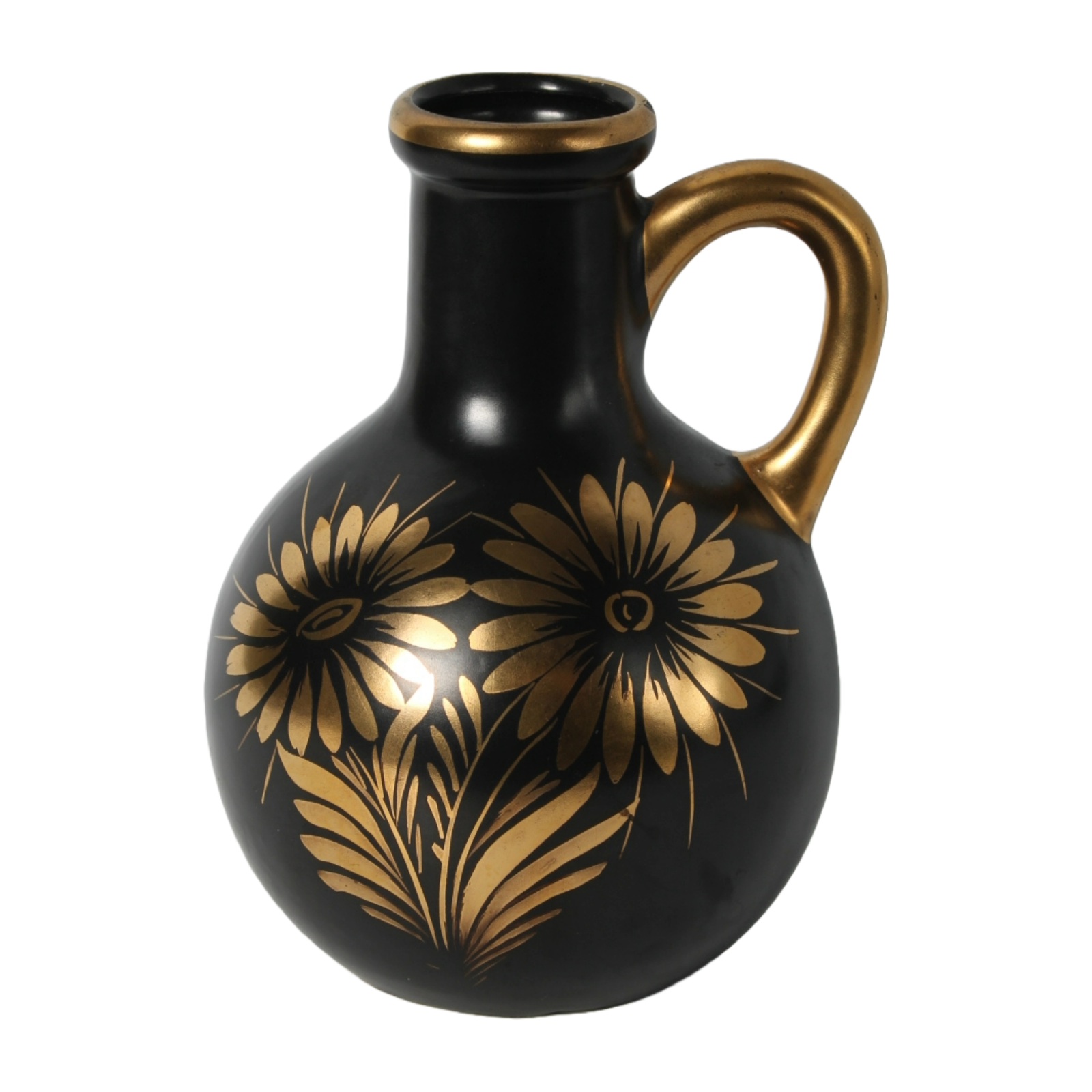 Decorative Black Ceramic Jug with Gold Floral Motifs