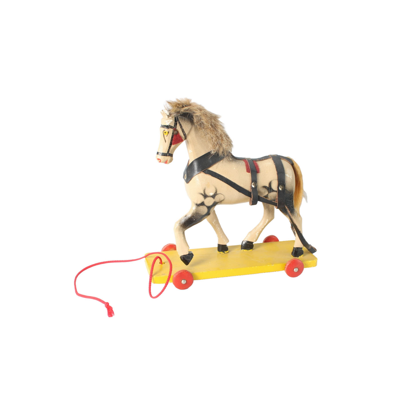Vintage Handcrafted Wooden Horse Pull Toy on Wheels, 1940s-1950s, Antique