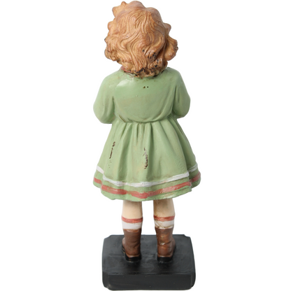 Nostalgic Hand-Painted Brocante Figurine of a Girl in a Green Dress with a Dish