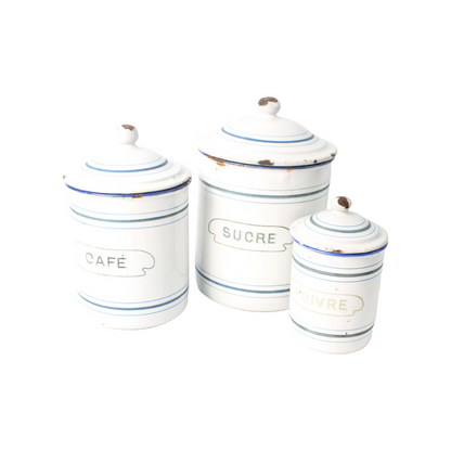 Set of Three Antique Enamel Canisters – "Sucre", "Café", and "Poivre"