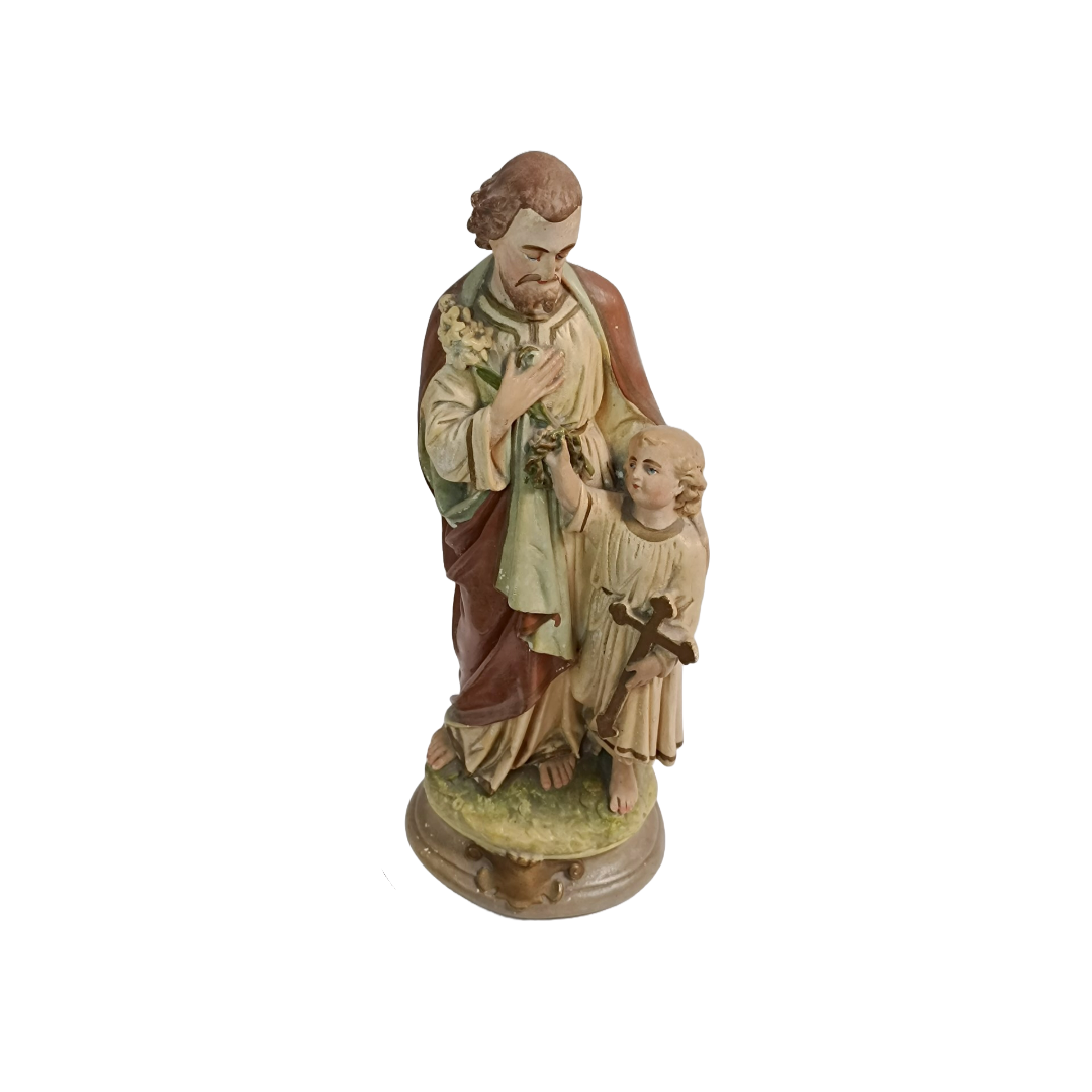 17" Tall Religious Antique Painted Plaster Statue/Sculpture of Jesus & St Joseph