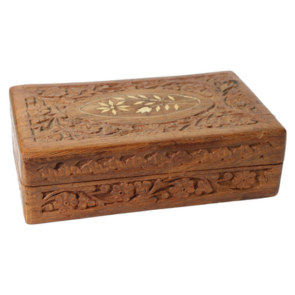 Hand-Carved Wooden Jewelry Box from India with Floral Relief and Inlaid Panel