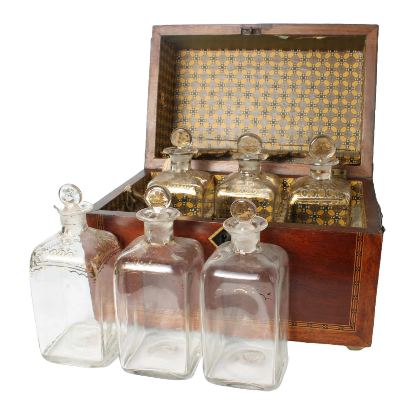 Antique mahogany liquor chest with six hand-blown gilded glass decanters