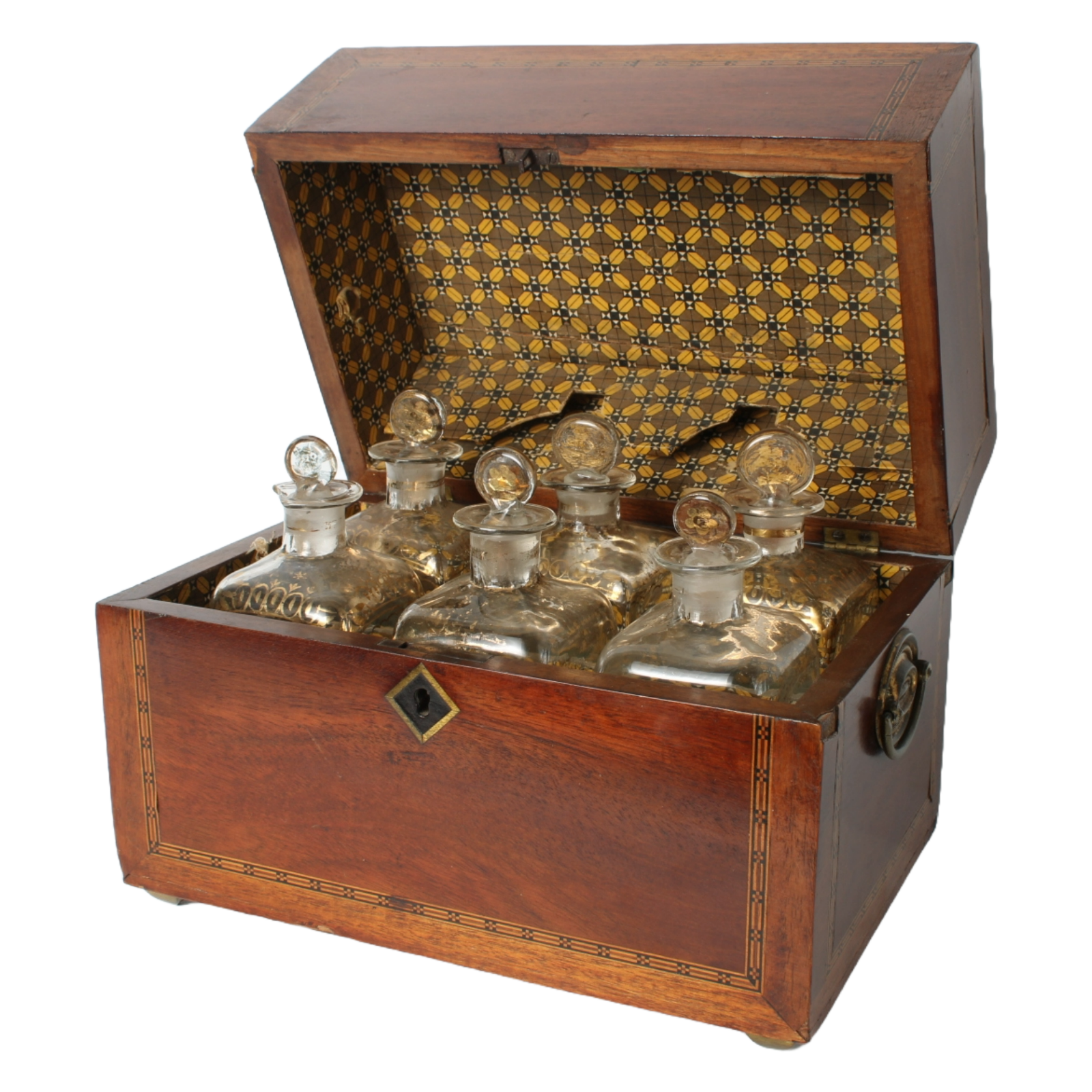 Antique mahogany liquor chest with six hand-blown gilded glass decanters