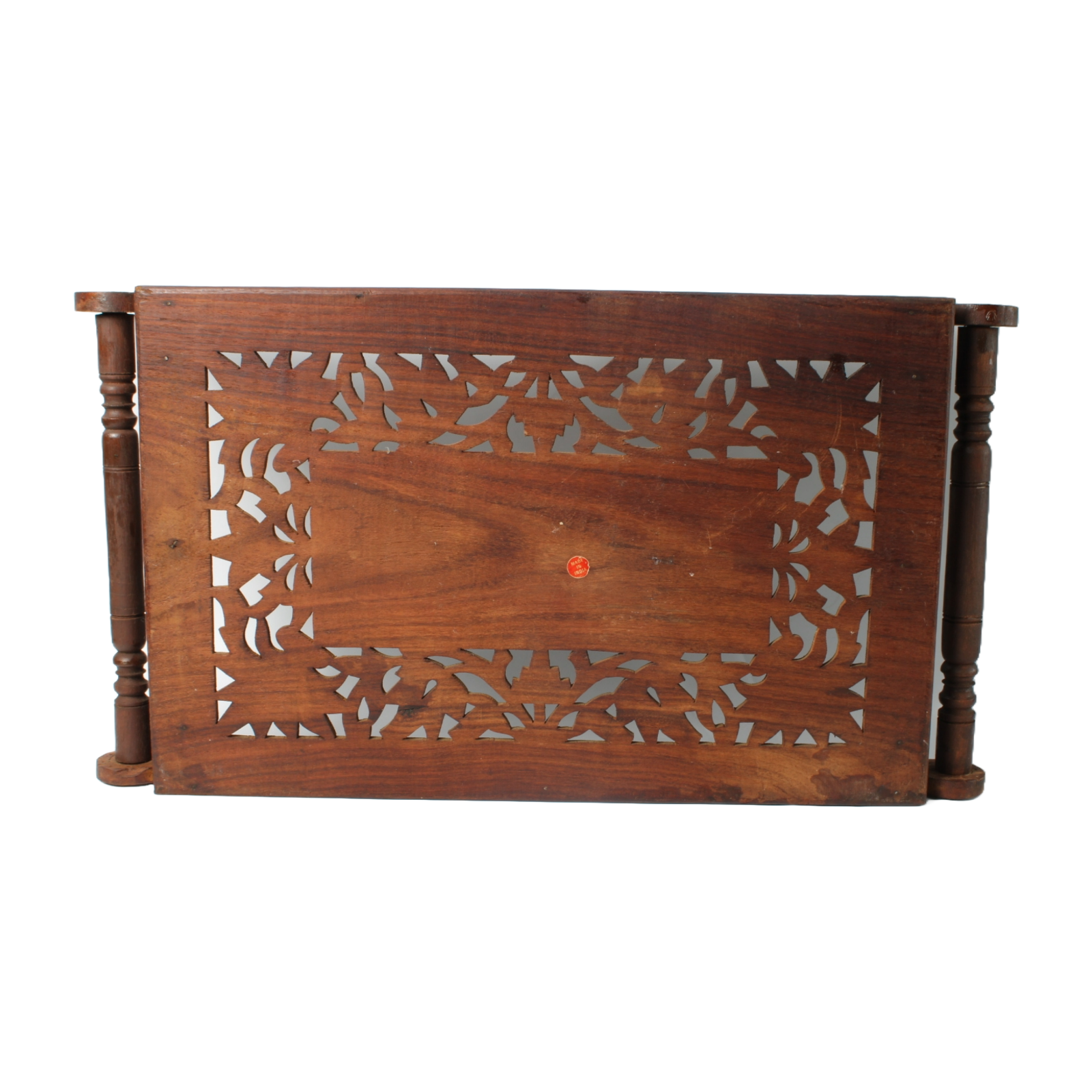 Handmade Indian Wooden Tray with Brass Inlay, Intricate Floral Carving, Decorati