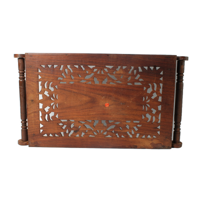 Handmade Indian Wooden Tray with Brass Inlay, Intricate Floral Carving, Decorati