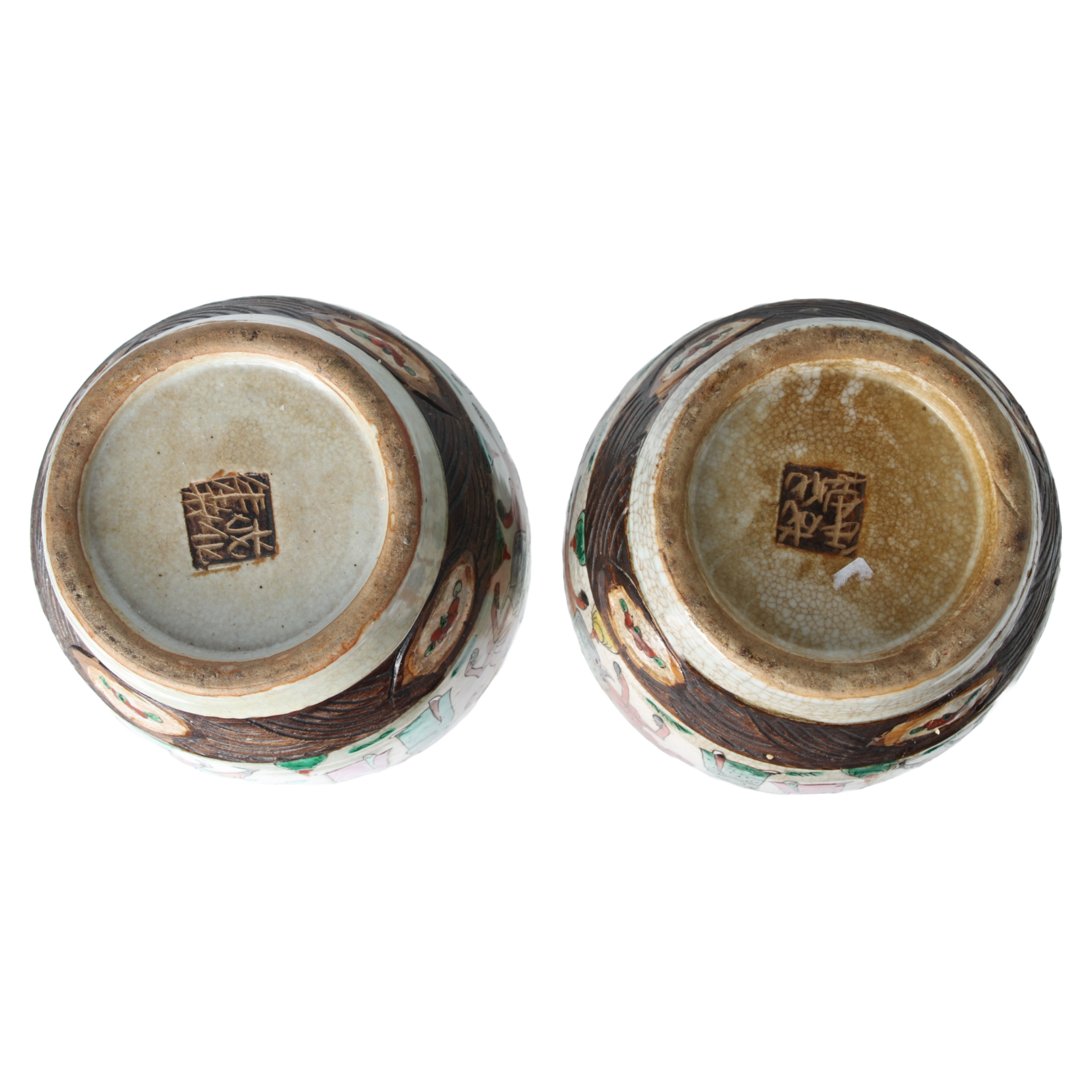 Rare Pair of Antique Chinese Temple Vases in Porcelain with Warrior and Relief