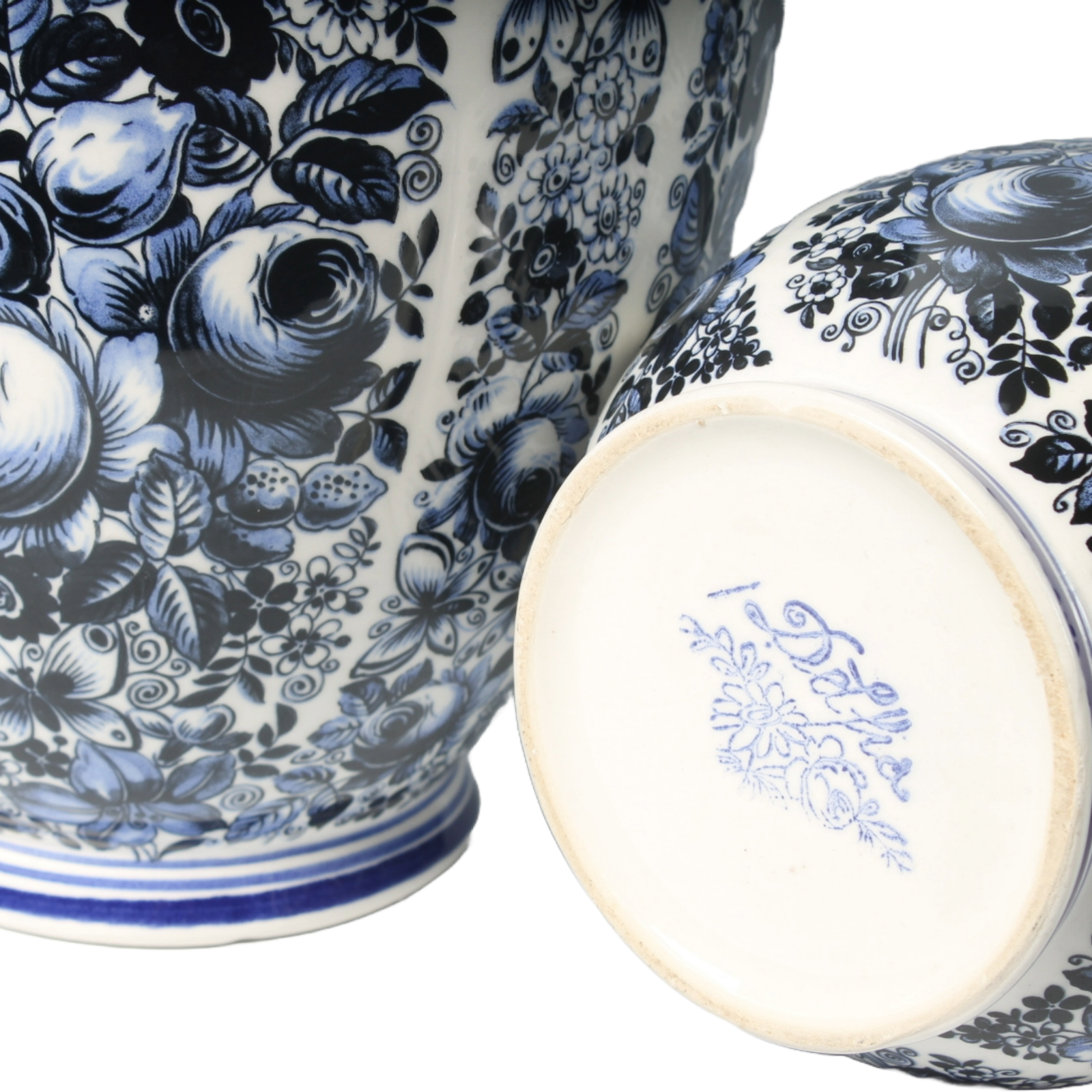 Set of Three Delft Blue Vases with Lidded Vase, Traditional Floral Motifs