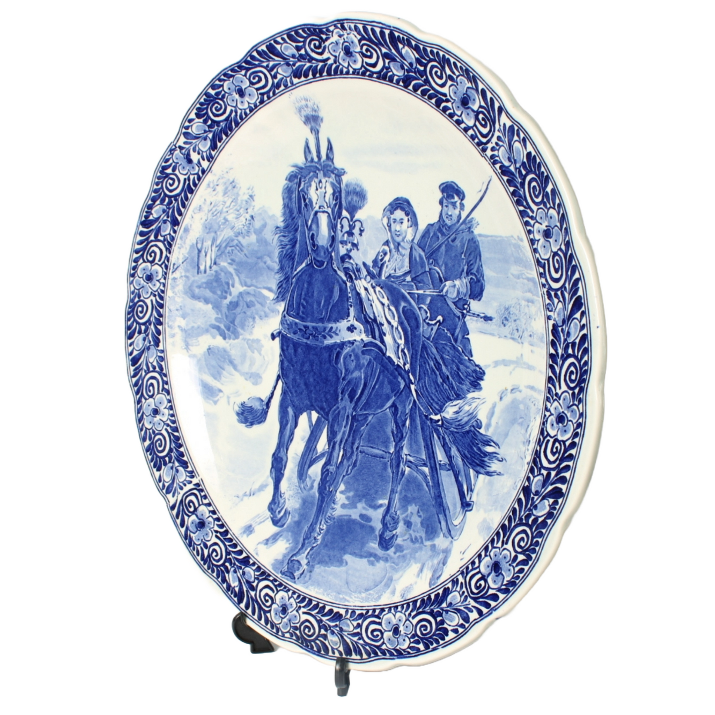 Large Hand-Painted Petrus Regout Decorative Plate with Winter Sleigh Scene